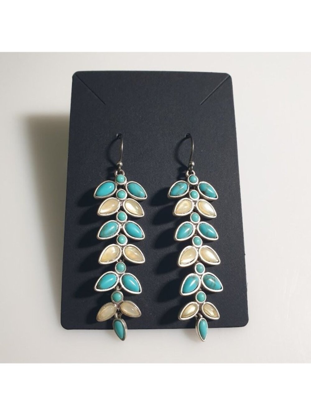 Blue Cream Leaf Pattern Dangle Earrings Lightweight Boho Chic 2.75 Inches Long